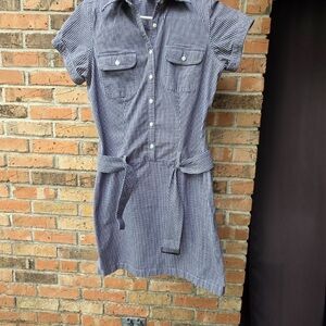 Button-Front Gingham Shirt Dress in Blue